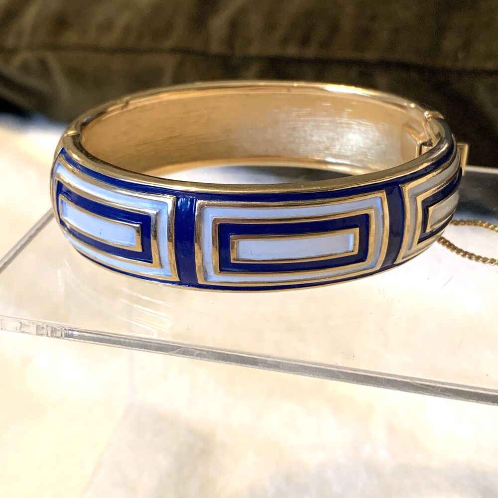 Vintage Signed Trifari Bracelet Blue Enamel Gold Tone Hinged Bangle Geometric